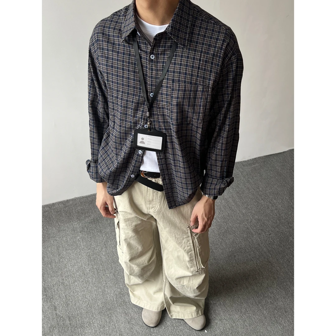 早秋复古蓝长袖休闲宽松简约格子衬衫时尚男女通勤百搭外套6232