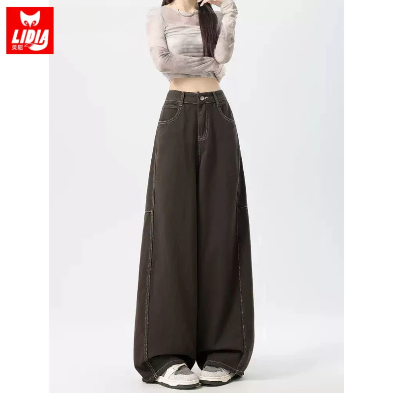 美式复古美拉德咖色阔腿牛仔裤女秋季新款高腰宽松加长直筒弯刀裤