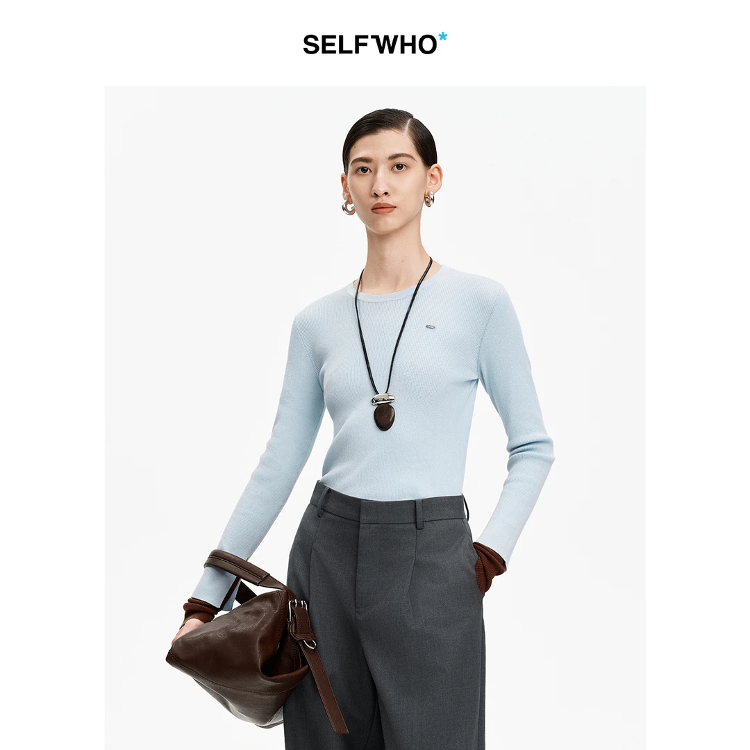 SELFWHO醋酸棉混纺假两件针织衫上衣女2026春季新款撞色修身毛衣