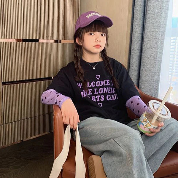 韩范女童夏季假两件纱网袖T恤小众个性拼接短袖上衣中大童防晒衣