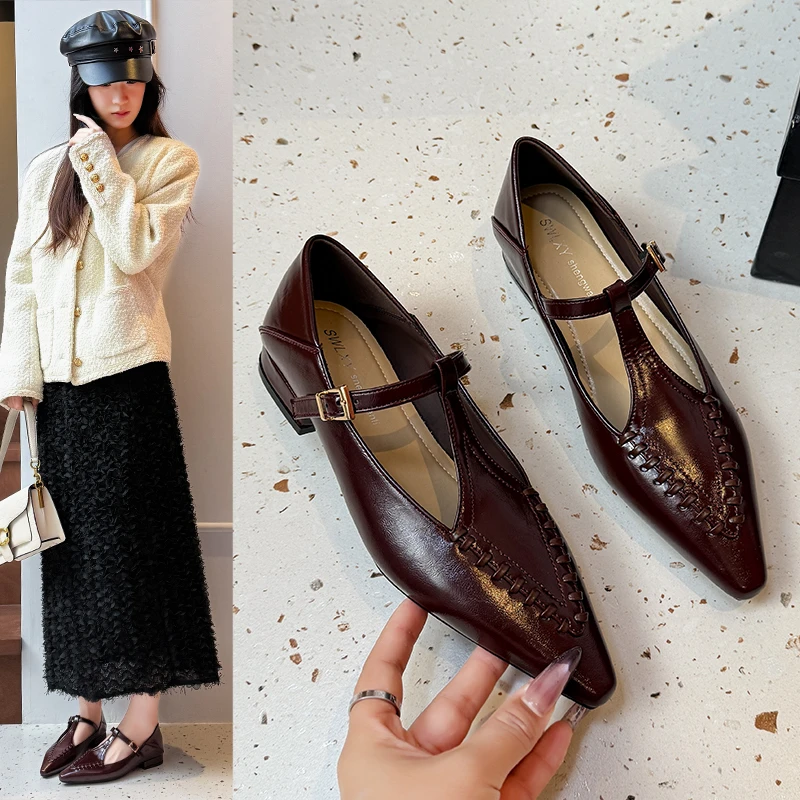 法式复古尖头玛丽珍女鞋2025新款复古一脚蹬浅口单鞋拼接小皮鞋女