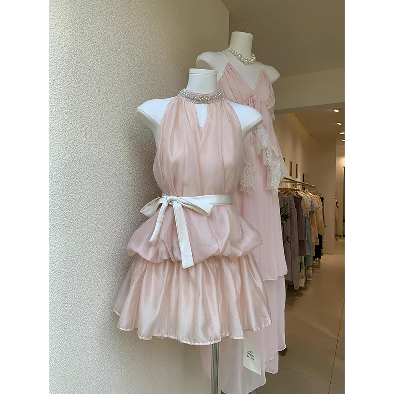 粉色温柔露肩挂脖连衣裙女夏季绑带修身礼服短裙气质收腰蛋糕裙子