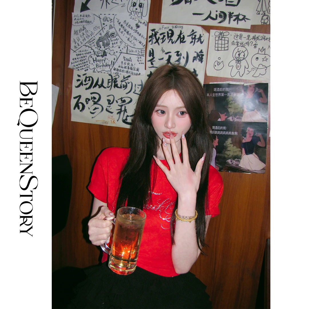 韩韩IU【热情假日】时尚百搭休闲宽松版红色圆领短袖T恤上衣夏新款