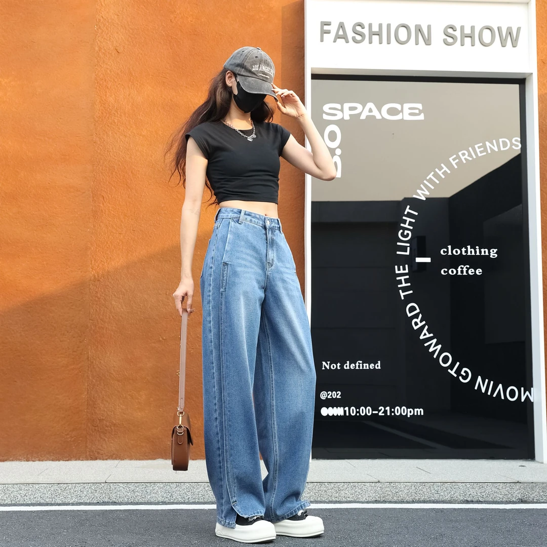 【品牌订单】秋季新款软面料弯刀阔腿裤高腰显高显瘦女士拼接牛仔裤