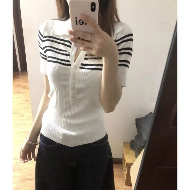 SWEET困困喵针织短袖女修身显瘦高级感正肩白色polo领上衣女