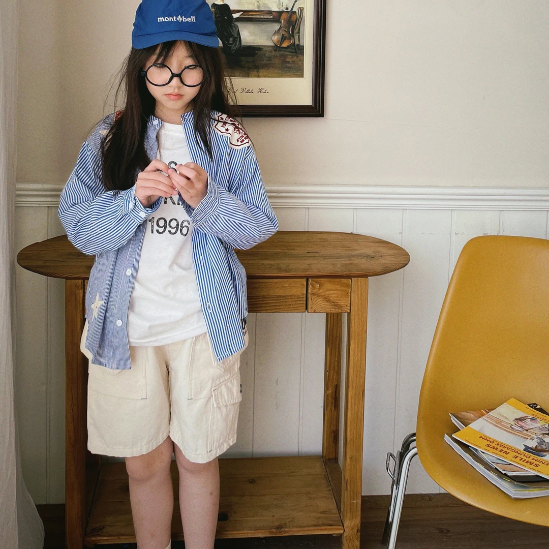 【一彩妈】25DD 新款儿童条纹五角星贴布衬衫 可配亲子日系时尚百搭
