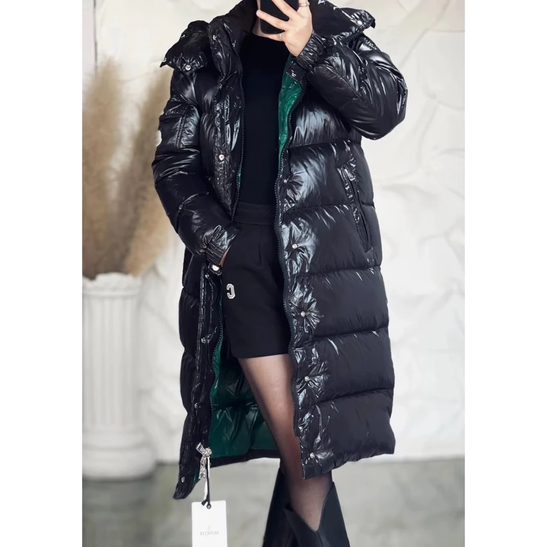 99新 MONCLER 3码/黑色漆面连帽长款羽绒服/17996873