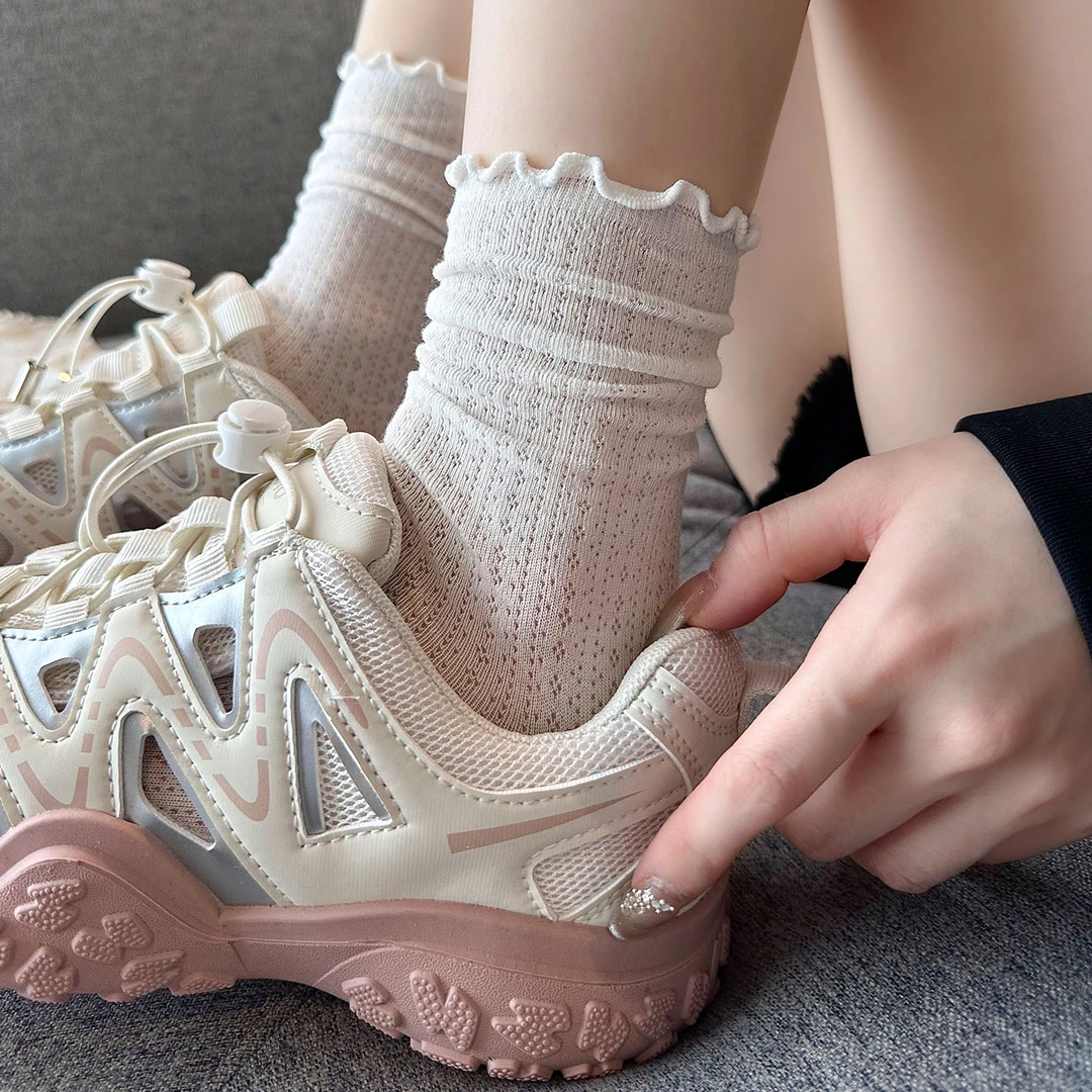 女孩夏天薄袜子女夏季薄款透气芭蕾风女款木耳边中筒白袜搭配凉鞋