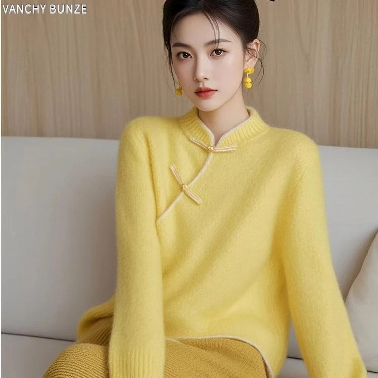 BUNZE超好看黄色毛衣女款2025新款冬季新中式国风盘扣针织衫长袖