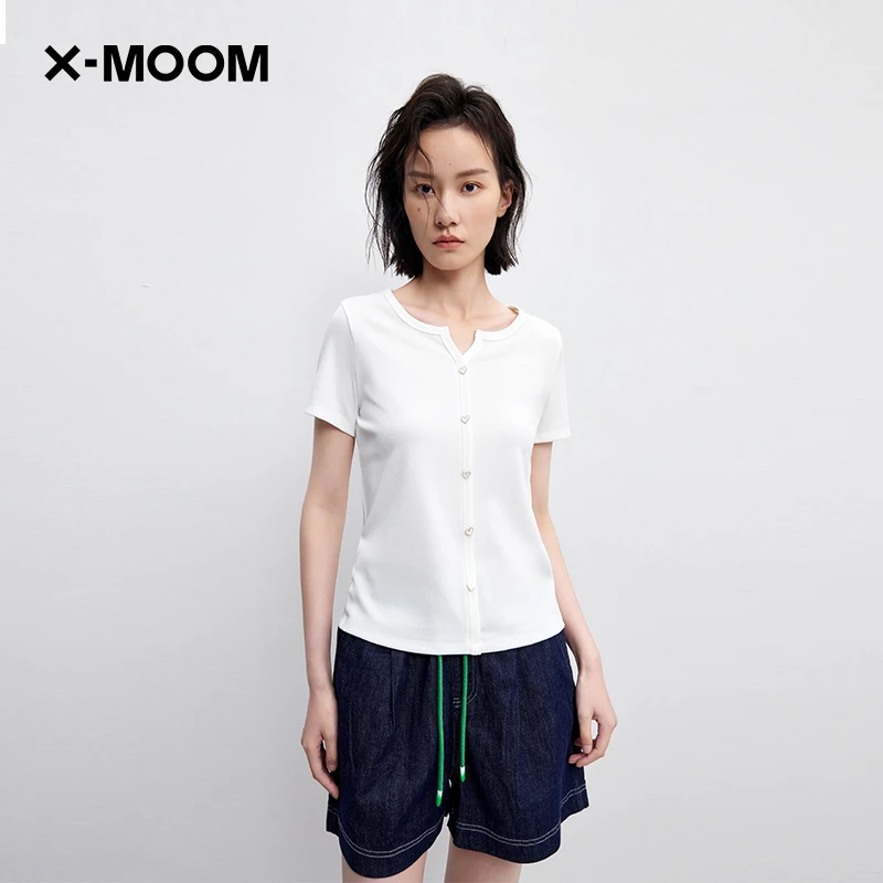 X--MOOM夏季女士新款假襟小V领修身显瘦短袖T恤ZWXTA81516