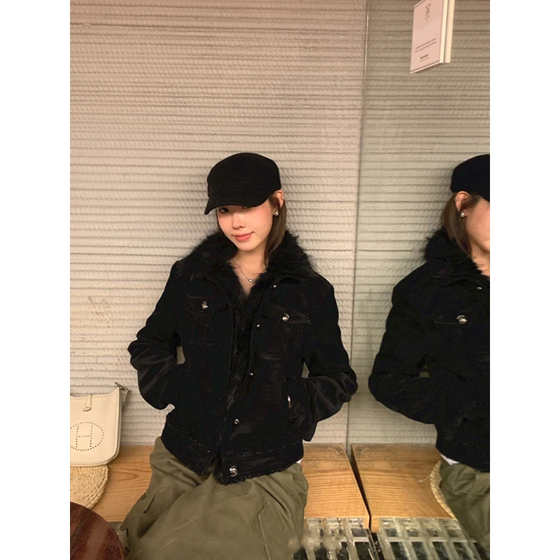 美式复古可拆卸毛领外套女2025秋冬新款宽松短款灯芯绒绗棉夹克潮