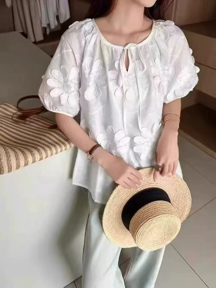 ～（姐姐家）短款花朵短袖夏季衬衫小清新女装时尚泡泡袖上衣