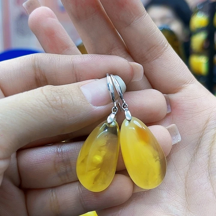 蜜蜡银S925镶嵌裸石耳环