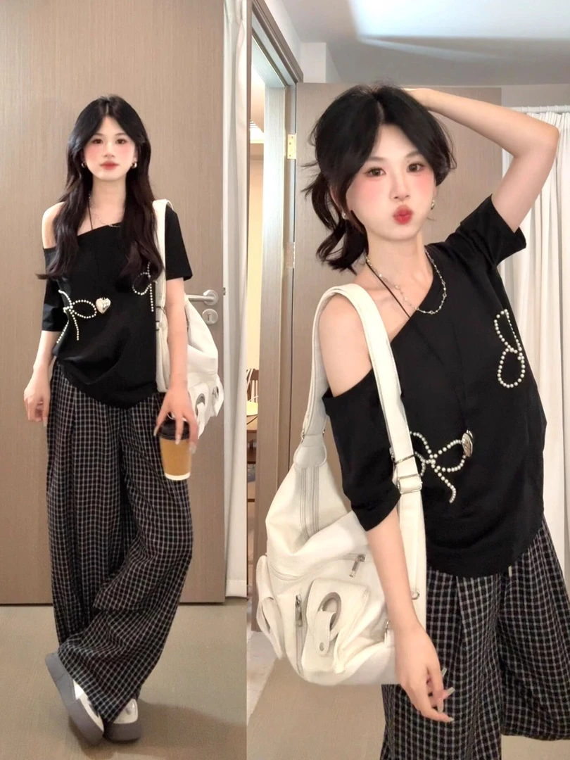 韩系松弛休闲运动套装女夏季慵懒感斜肩短袖宽松阔腿裤显瘦两件套