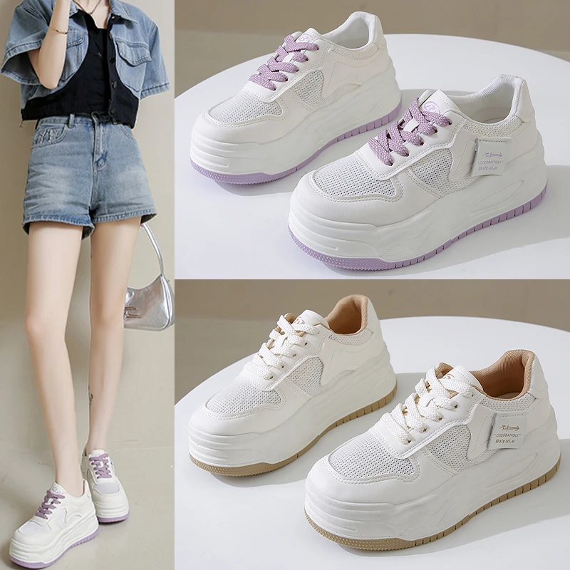 小白鞋女2025夏季新款百搭厚底增高运动鞋透气网面休闲鞋女#6199