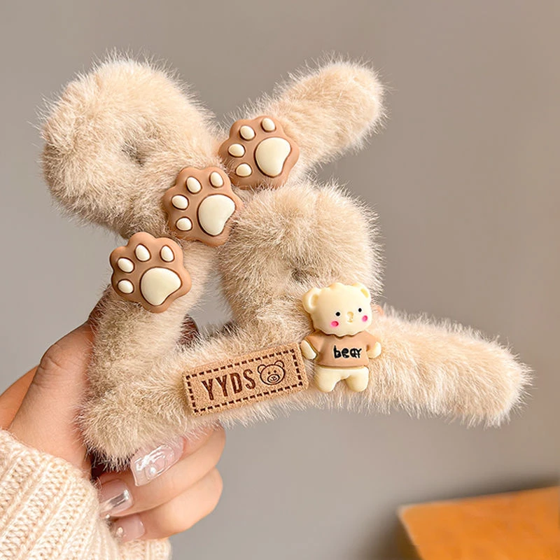 可爱小熊毛绒抓夹女冬季毛毛发夹后脑勺大号鲨鱼夹子头饰发卡儿3