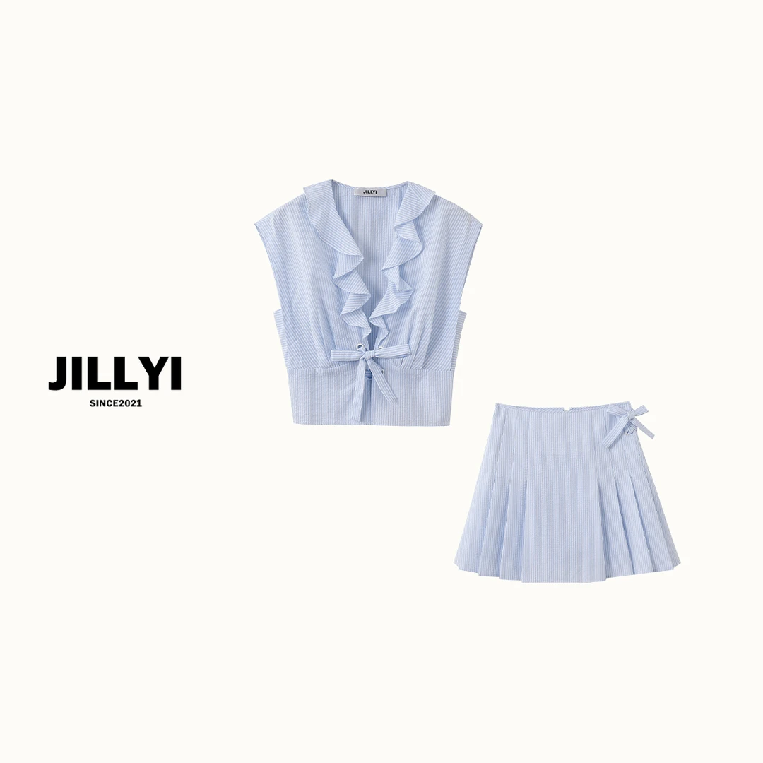 jillyi【蓝调笔记】蓝色不规则领上衣都市风休闲半裙夏季百搭套装