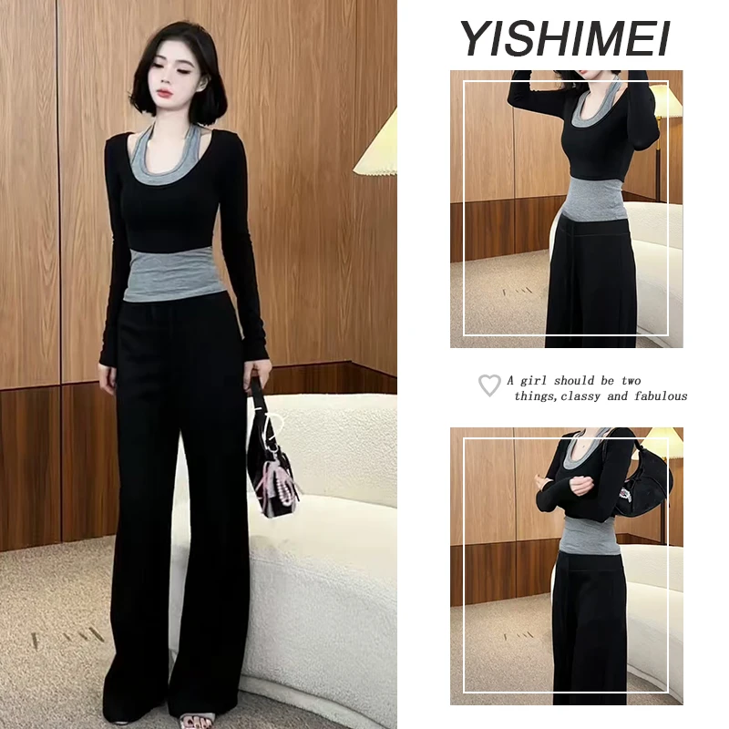 秋季时尚穿搭2025年新款百搭挂脖背心长袖上衣高腰休闲裤三件套装