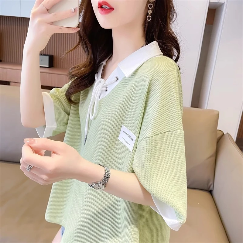 polo领拼接短袖t恤女夏季2025新款宽松学生小个子洋气设计感上衣