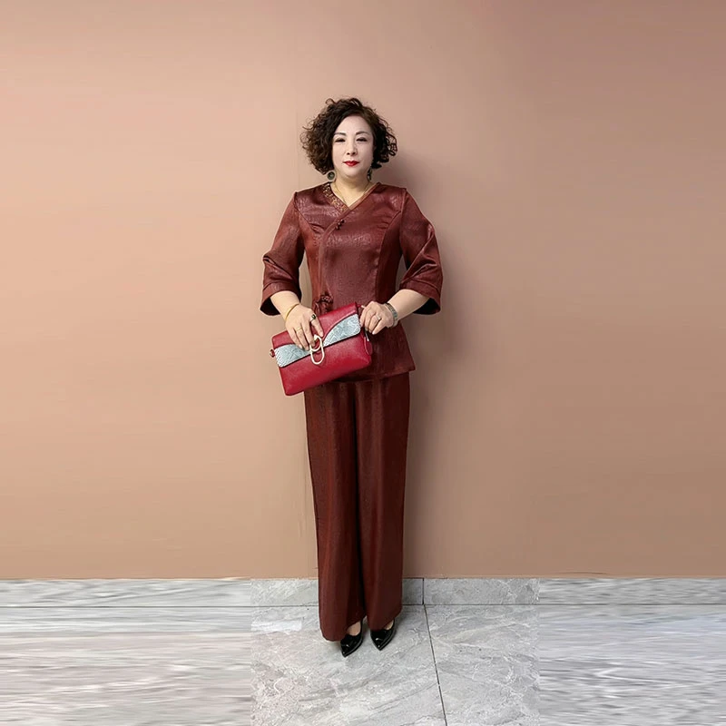 妈妈装重磅提花旗袍衫七分袖上衣阔腿裤气质中老年两件套