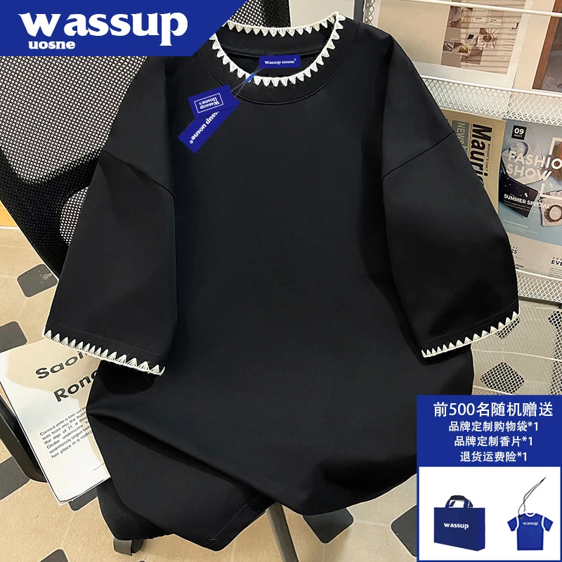 重磅纯棉黑色贝壳刺绣短袖T恤男夏季潮牌高级感半袖衣服2025新款