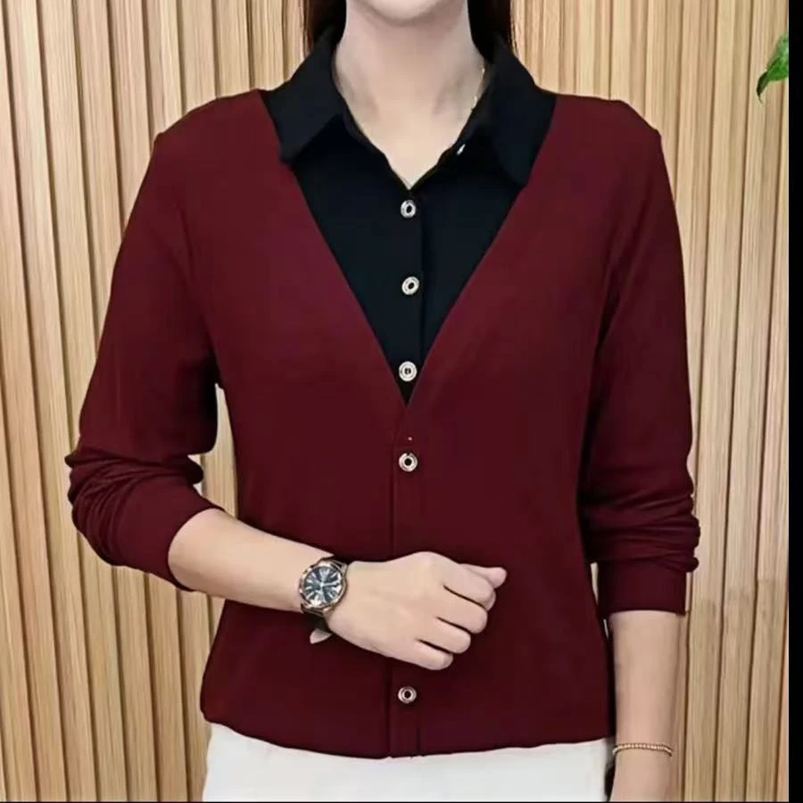 春秋薄款假2件翻领妈妈装洋气百搭