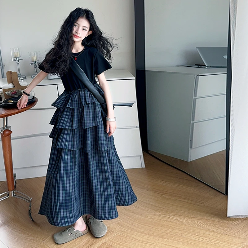 女童夏季连衣裙高级感短袖格子裙2025新款中大童半身裙网红蛋糕裙