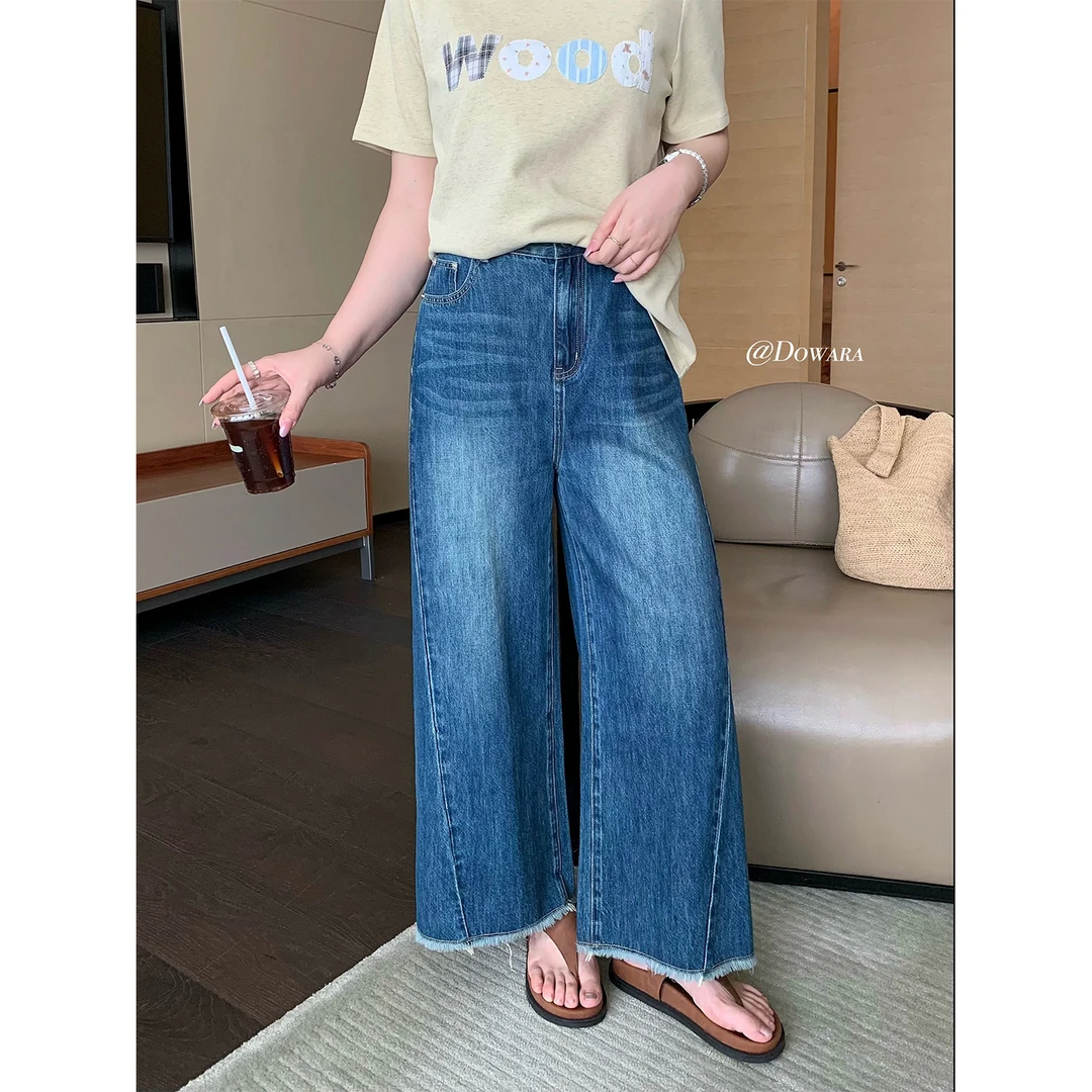 现货大婉酱微胖定制丹宁风直筒牛仔裤夏季女高腰阔腿九分裤 7916D