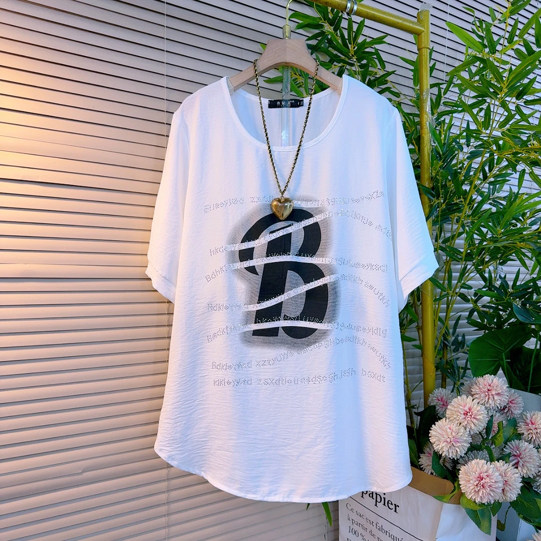 9976胖mm欧货时尚纯色圆领宽松遮肉休闲设计感数码印百搭短袖衫