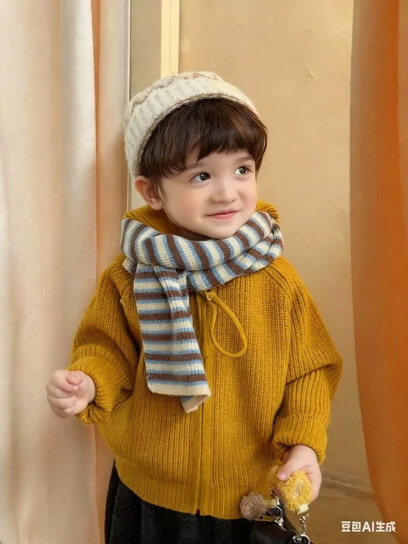 加德绒毛儿童宝宝韩系针织毛衣开衫拉链球球帽衫保暖