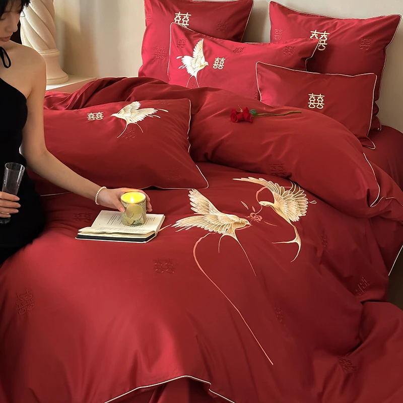 水星高端系列家纺简约中式喜字婚庆四件组100长绒棉纯棉被套红色
