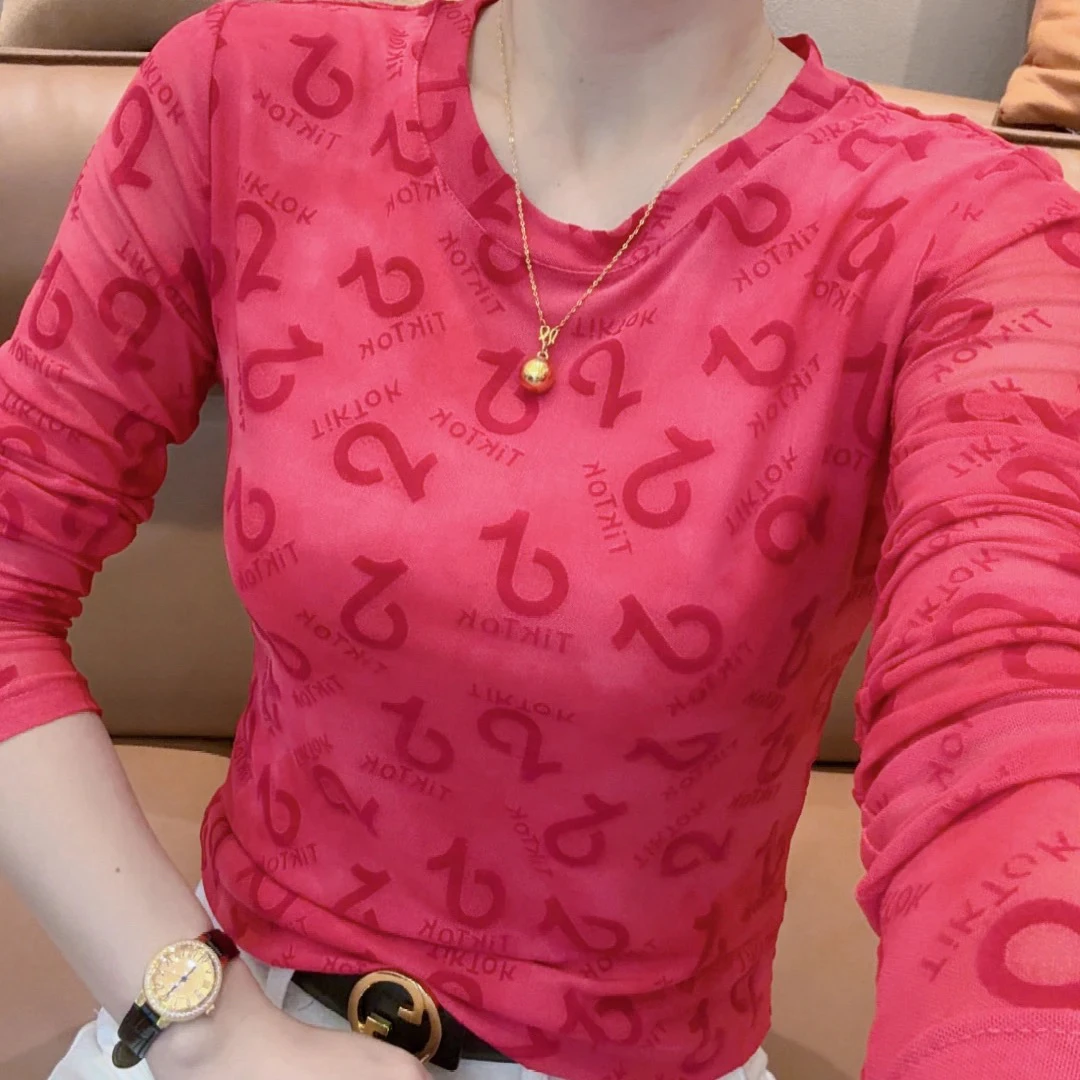 小敏家,秋季新款时尚百搭植绒印花长袖T恤显瘦
