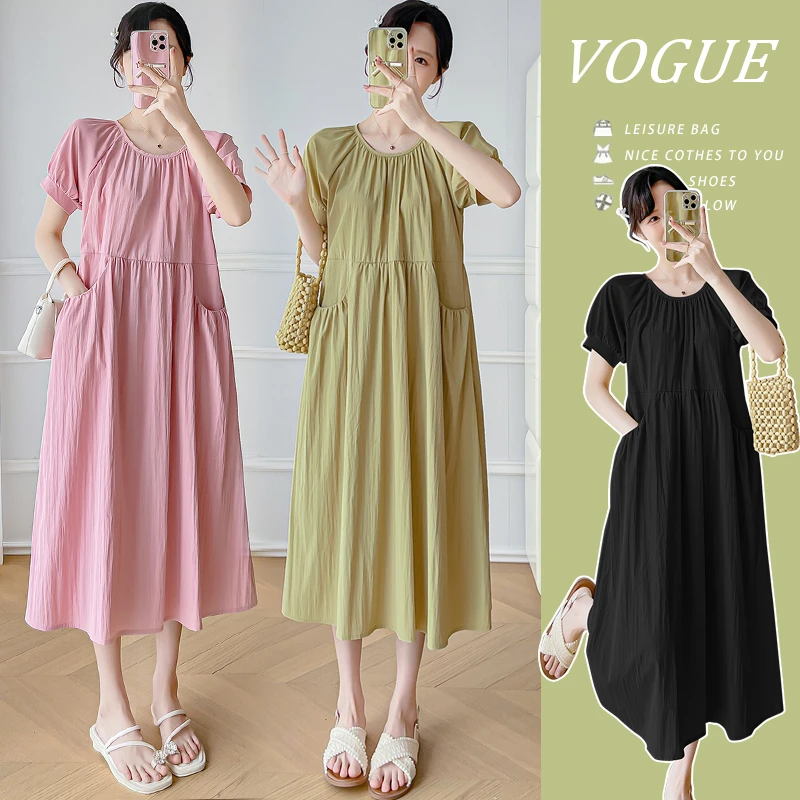 孕妇装夏装2025新品韩版高级感时尚宽松简约纯色中长款孕妇连衣裙