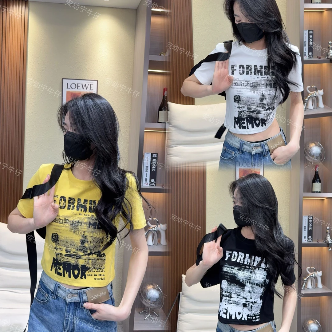 欧货垫肩可拆卸报纸印花T恤女2025夏季宽松显瘦百搭洋气减龄上衣