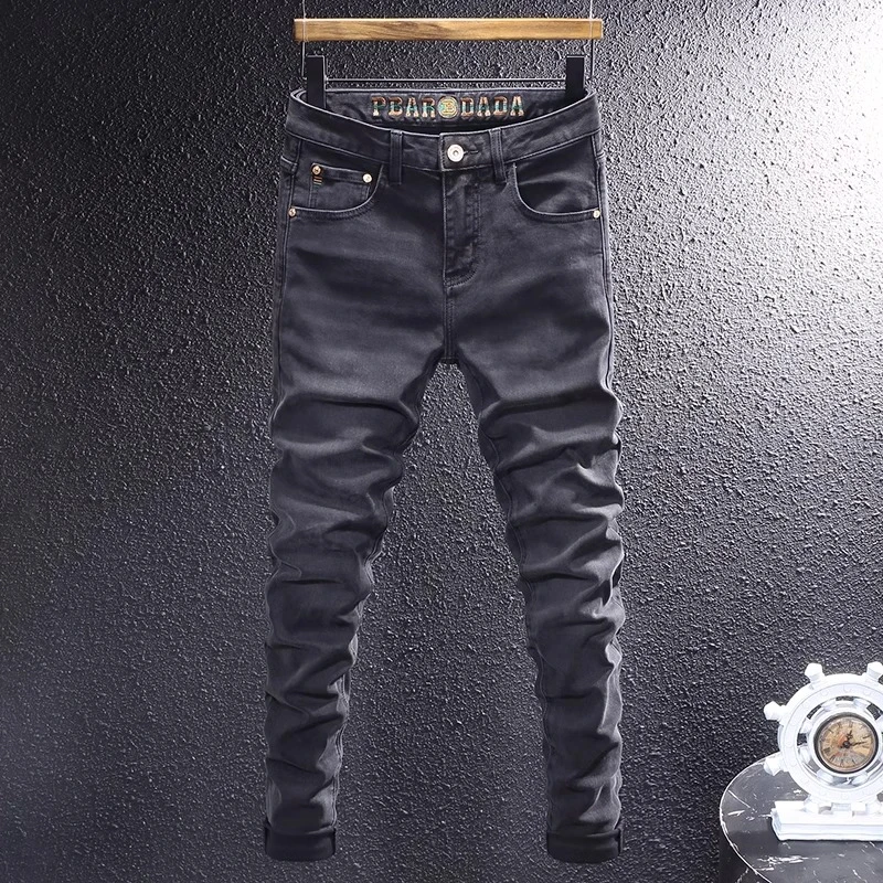 Cebrodz 夏季新款潮牌美式深灰牛仔裤男高端刺绣怀旧磨白修身小脚