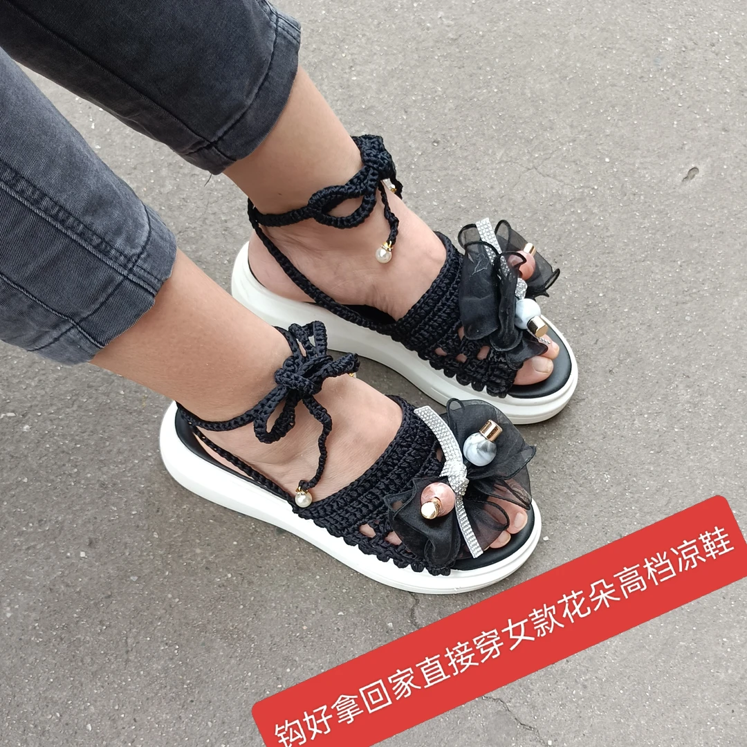 成品手工针织空心线小仙女蝴蝶结平底软底夏季女拖鞋网红时尚