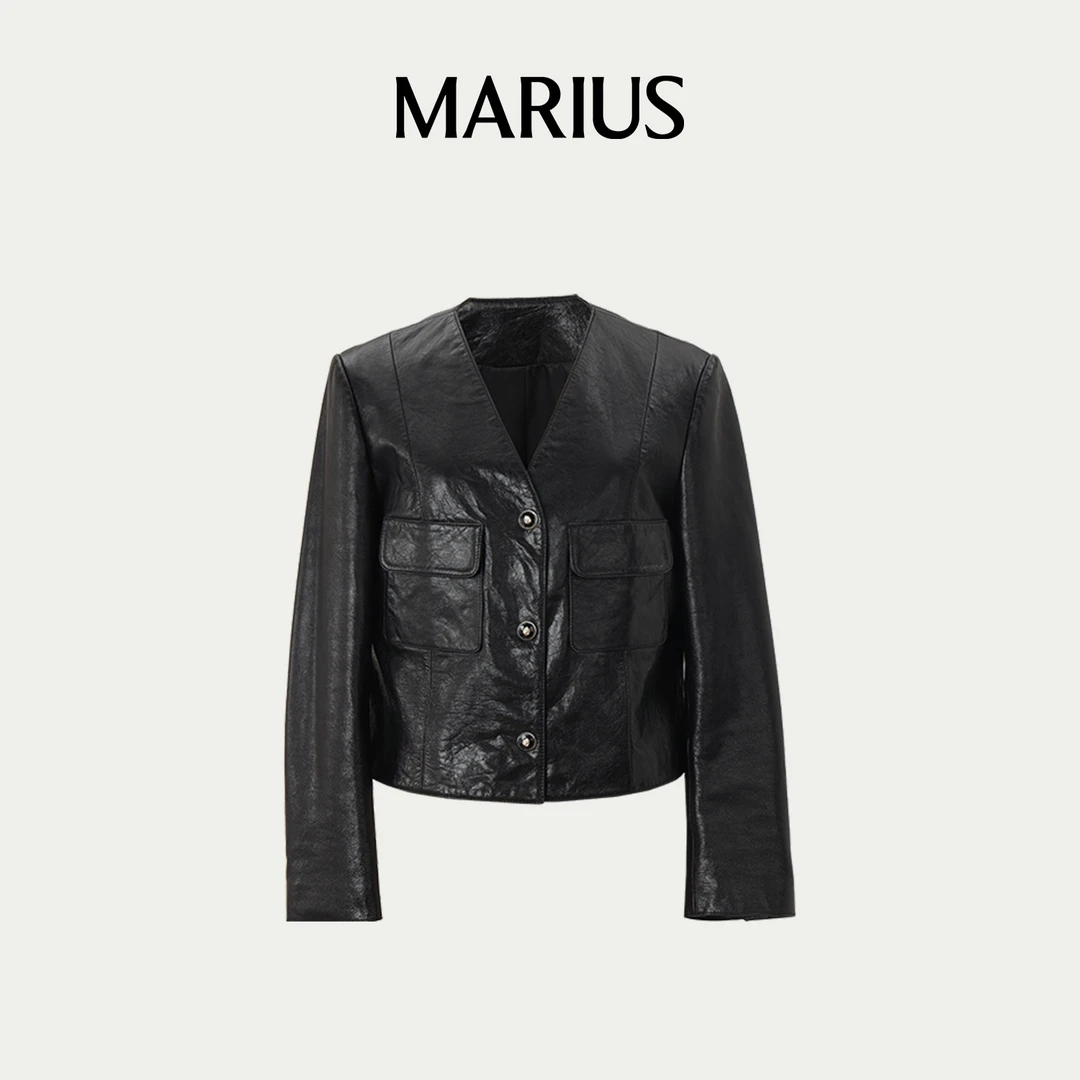 MARIUS’巴塞罗那‘经典V领小香皮衣