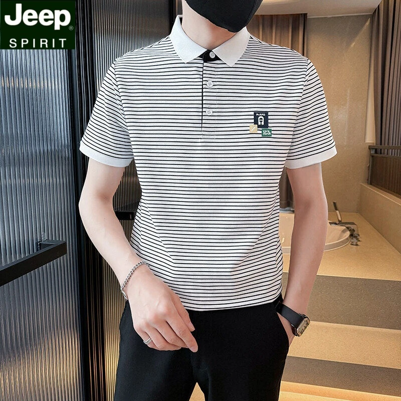 Jeep吉普POLO衫男款夏季休闲百搭男士t恤短袖条纹翻领商务潮流