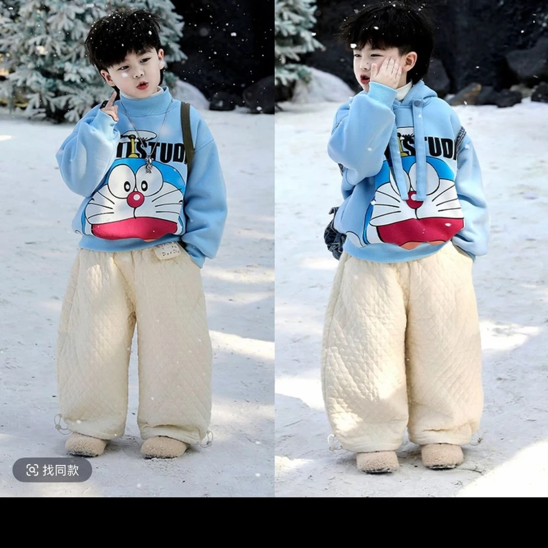 儿童加绒加厚套装2025冬季新款卡通叮当猫加绒卫衣百搭棉裤两件套