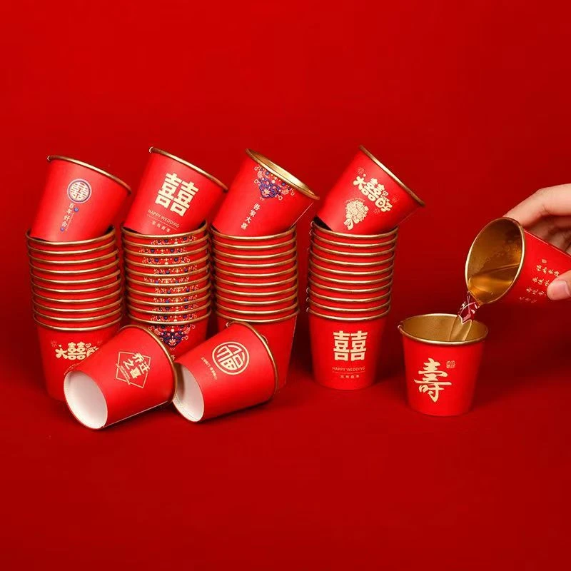 红色喜庆敬酒杯金箔纸杯一次性婚宴加厚防烫婚礼水杯结婚用品大全