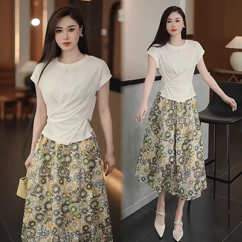 时尚套装裙女2025夏季新款洋气针织短袖上衣碎花半身裙两件套裙子