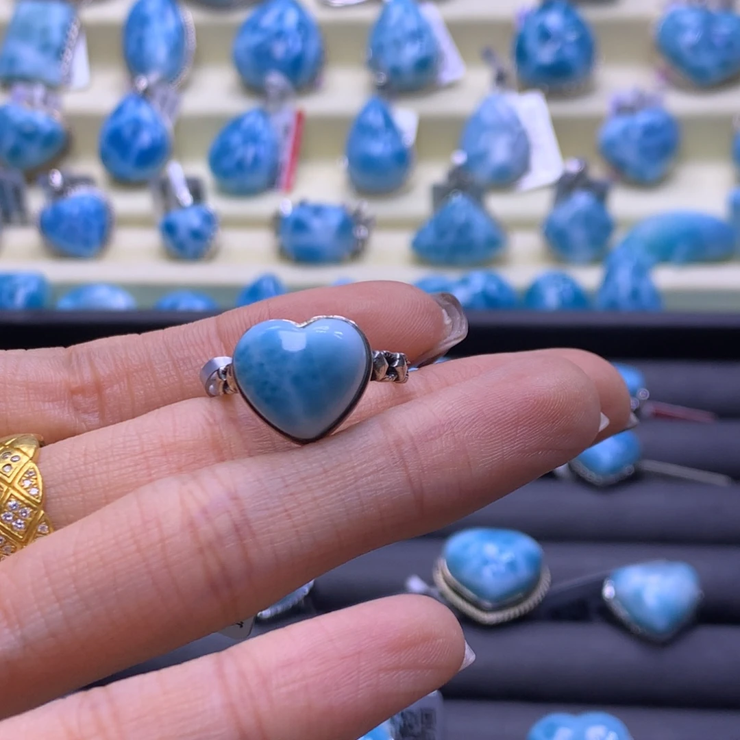 针钠钙石（海纹石）银S925镶嵌戒指爱心戒指