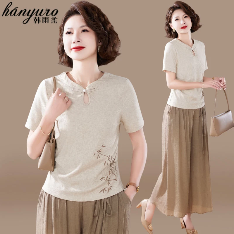 妈妈装夏装短袖t恤套装2025新款中老年女装夏季上衣阔腿裤两件套