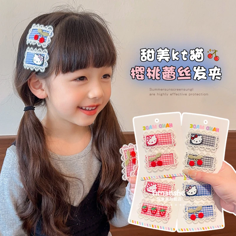 儿童格纹kt猫布艺发夹女可爱新款前额刘海夹碎发整理bb夹甜美发饰