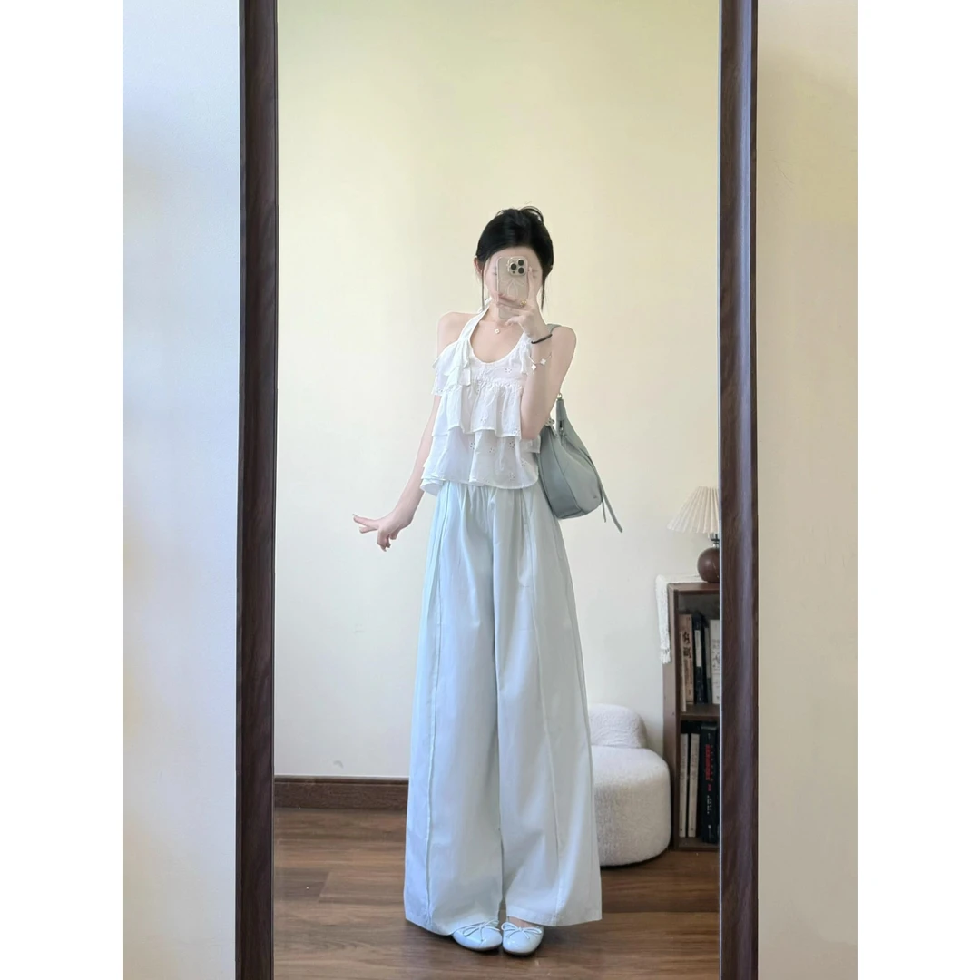 MARIE.COCO韩系时髦减龄荷叶边挂脖吊带上衣直筒休闲裤欧若风套装