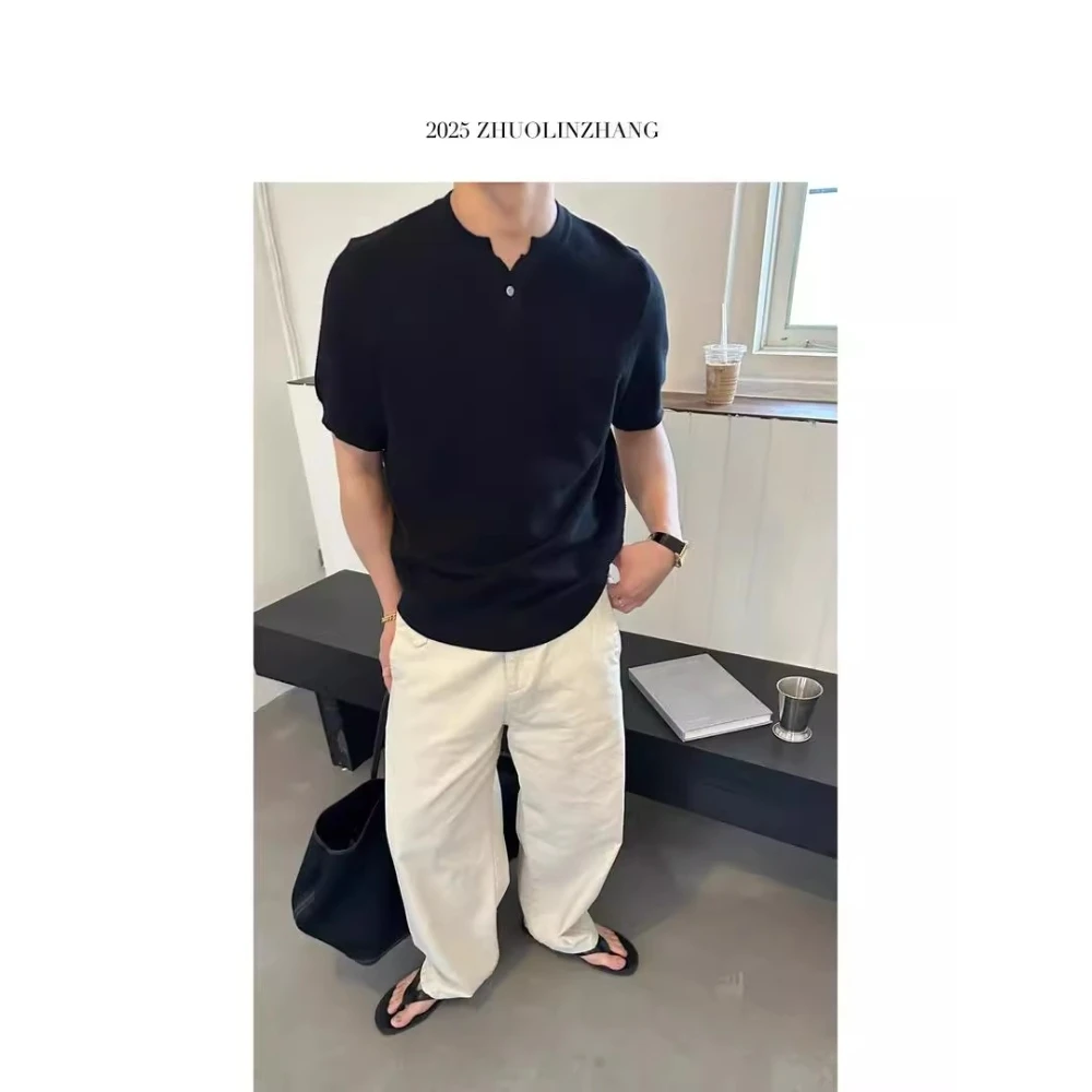 重磅新款定制菠萝纹针肌理感短袖T恤夏季休闲简约男士亨利领纯色