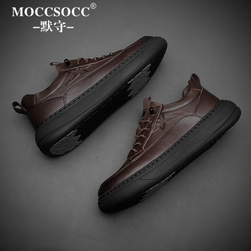 MOCCSOCC皮鞋男款英伦百搭高端男鞋厚底增高低帮鞋冬季潮流休闲鞋