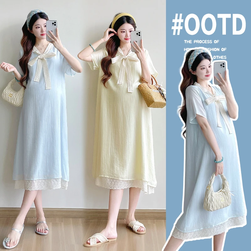 YNVO时尚~韩版孕妇装连衣裙夏装新款假两件裙子雪纺蕾丝拼接