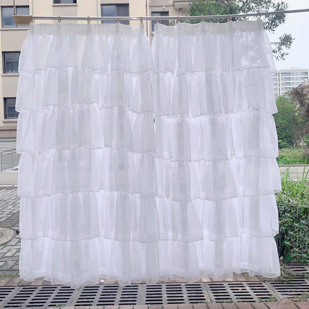 公主风卧室女孩卧室飘窗千层荷叶边透光不透人多层梦幻网红窗纱帘