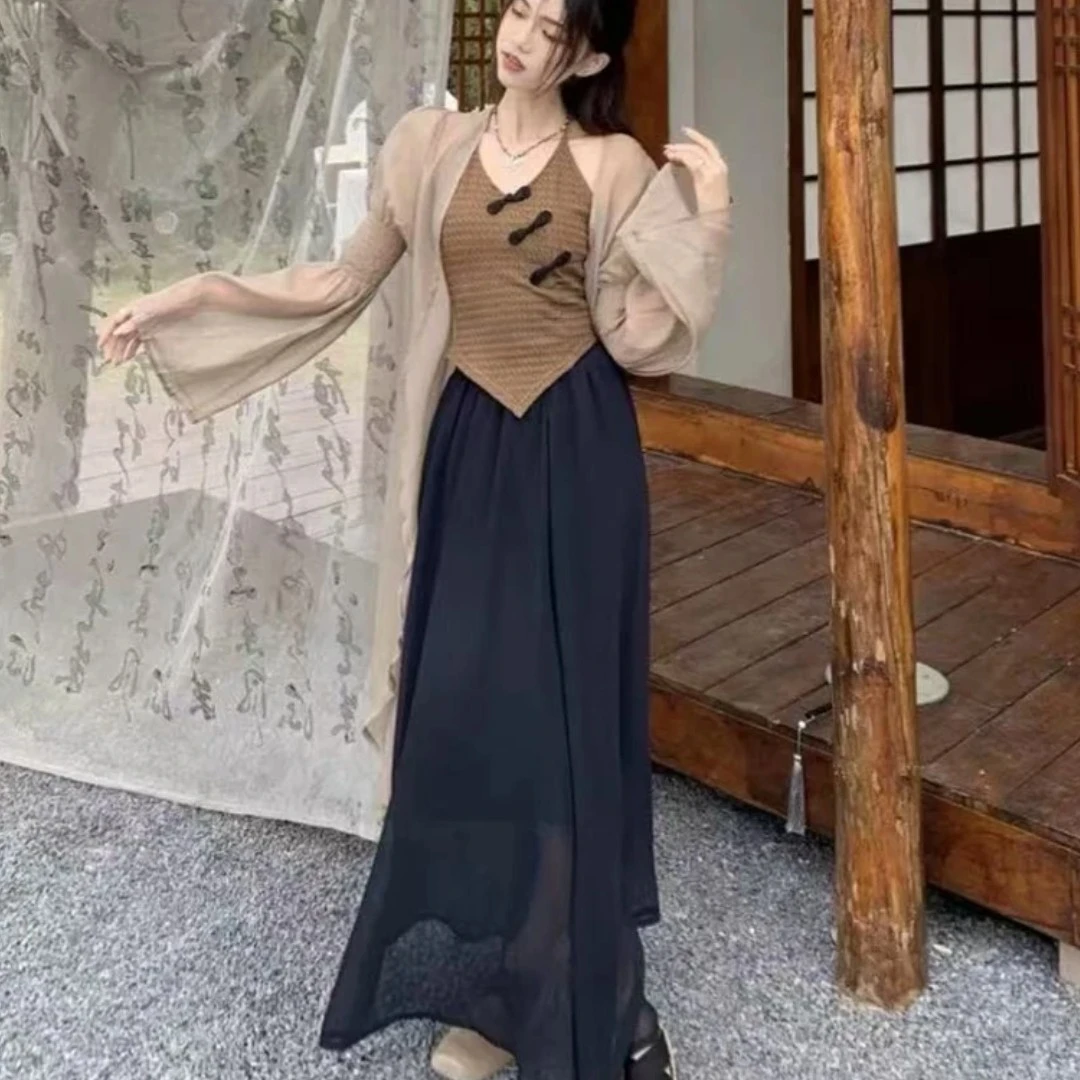 大码显瘦外搭时尚套装连衣裙复古背心高腰长裙套装法式百搭-8868